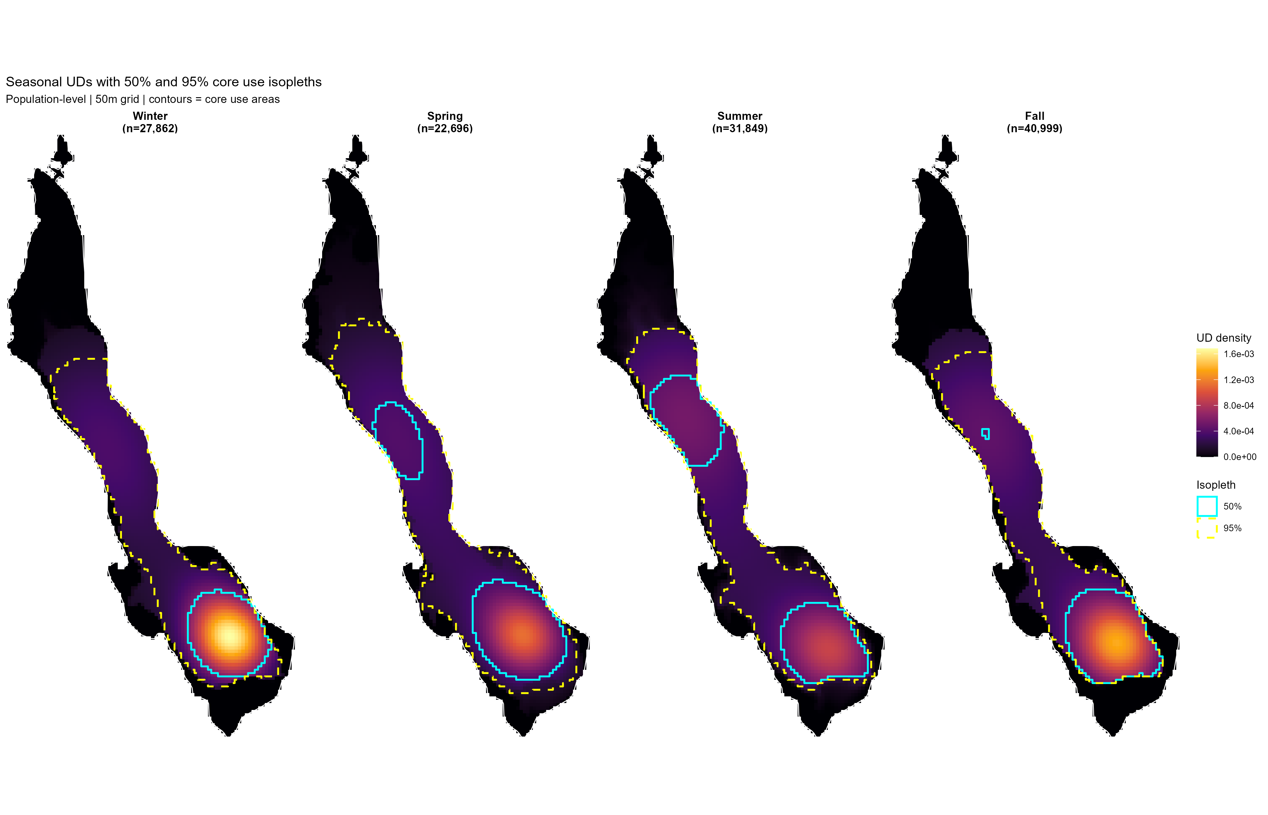 Seasonal Bull Trout utilization distribution isopleths